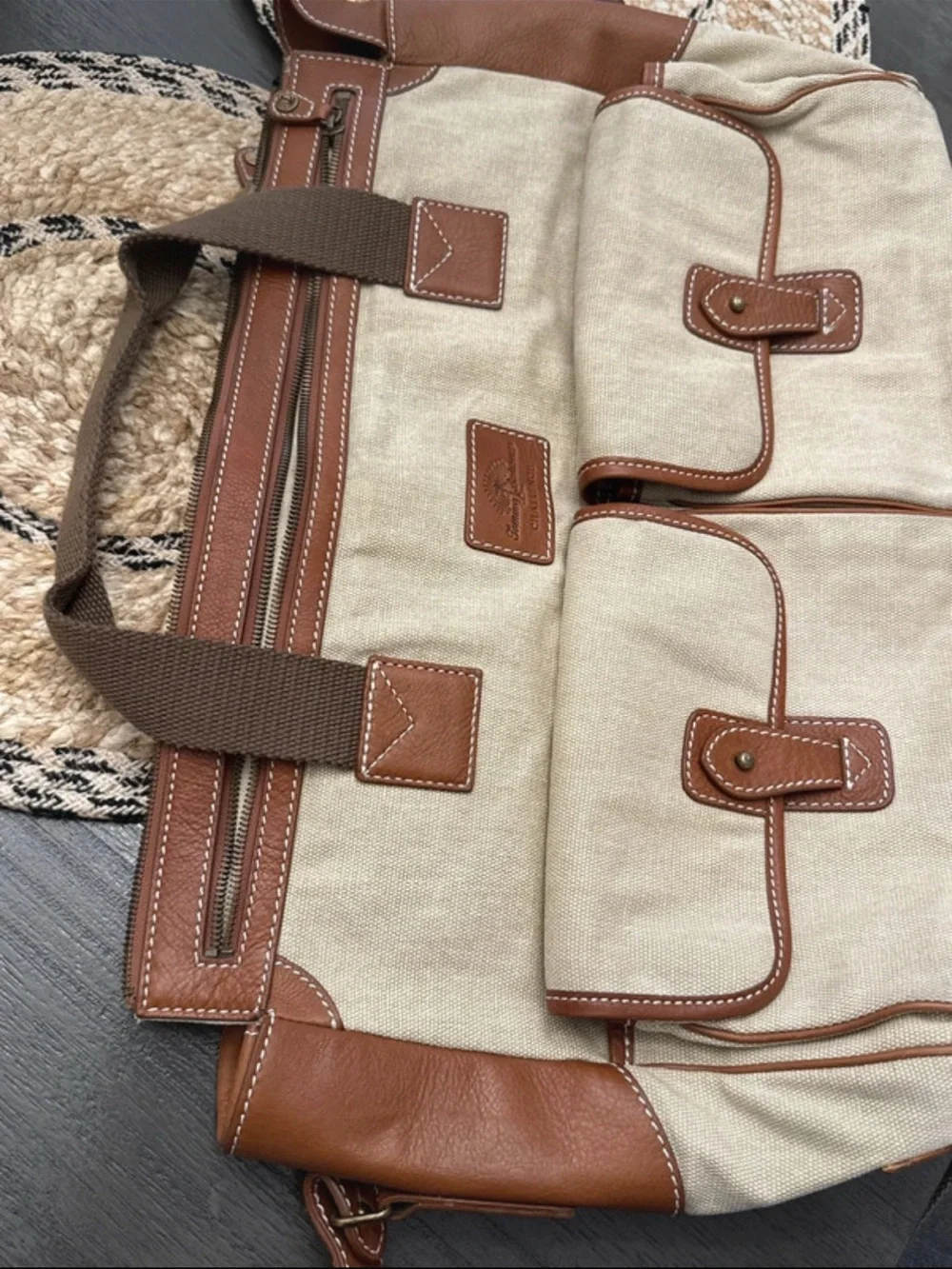 Tommy Bahama Challenge Canvas Leather Messenger Bag Travel Satchel Brown Beige
